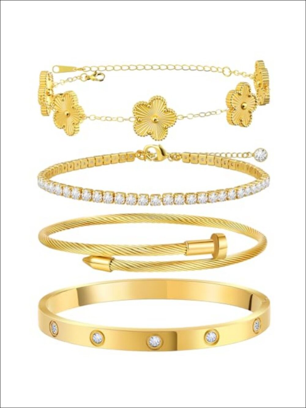 18K Gold Plated Stainless Steel Bracelet Set 4 Pcs Stackable Bangle for Women